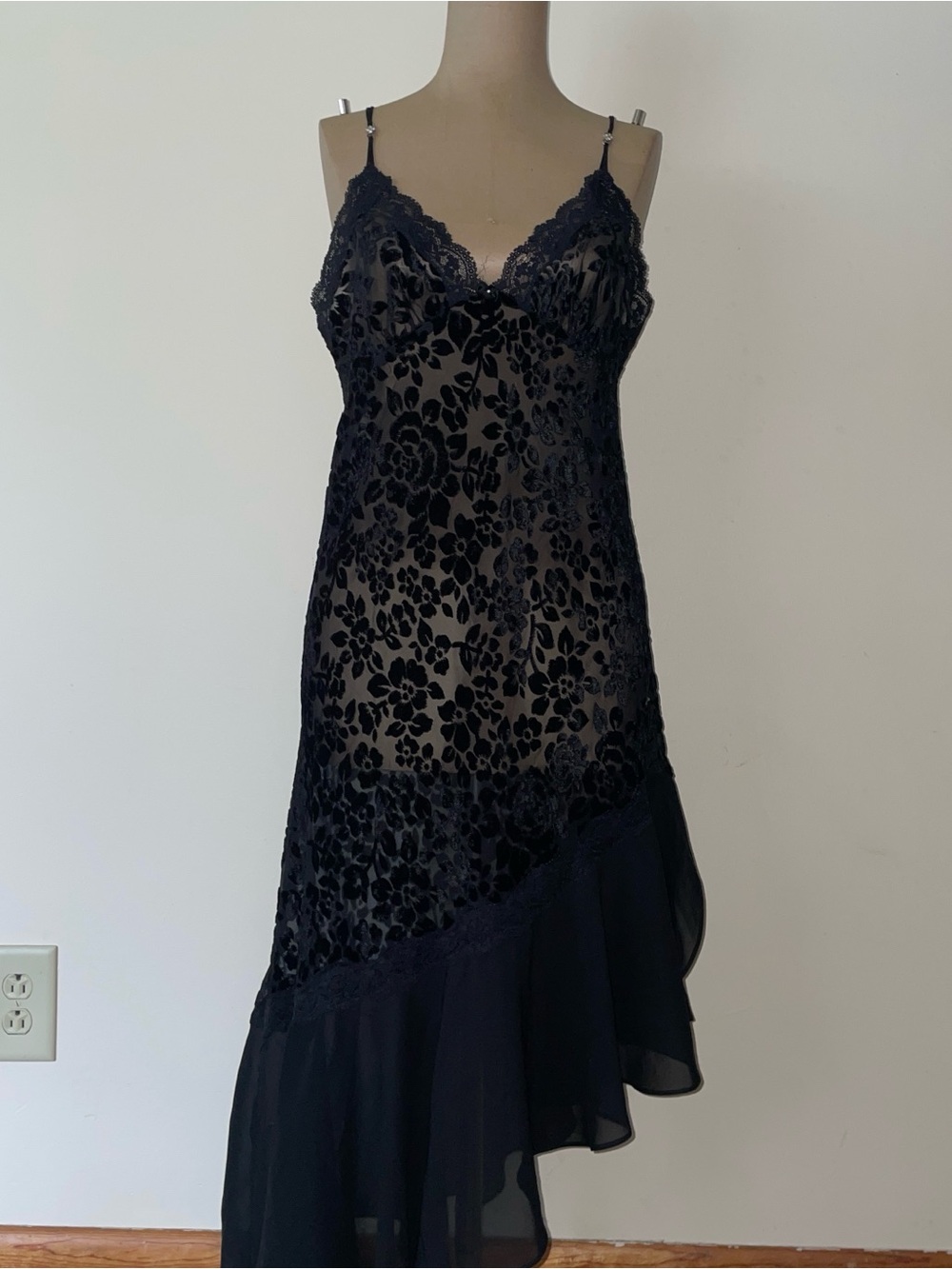 Sheer Black Floral Lace Slip Dress with Scalloped‎ Neckline